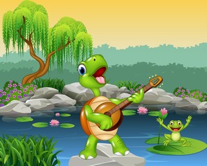 Obraz premium Cute turtle playing guitar on rock