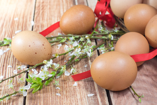 Easter - Spilled Hen Eggs with Spring Flowers