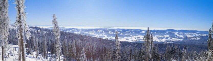 Winterlandschaft auf dem Dreisessel im Bayerischen Wald mit Fernsicht bis zu den Alpen