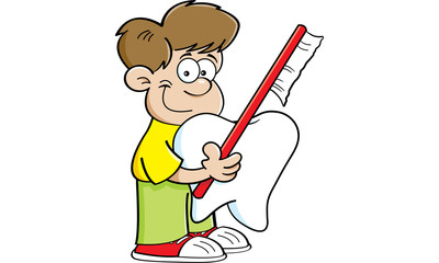 Cartoon illustration of a boy holding a tooth and a toothbrush.