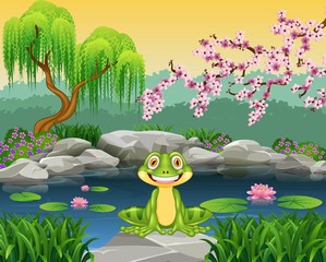 Cartoon funny frog sitting on the rock 