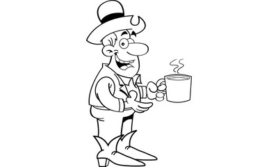 Black and white illustration of a cowboy with a cup of coffee.