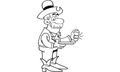 Black and white illustration of a prospector holding a gold nugget.