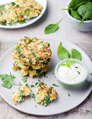 Cabbage and spinach pancakes with yogurt dressing with fresh herbs