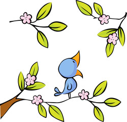 blossoming twig seated birds - vector illustration