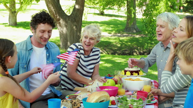  Family having picnic and holding american flag
