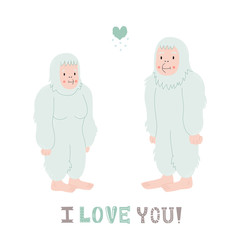 Yeti cute couple in love with heart vector illustration. I love you! greeting card.