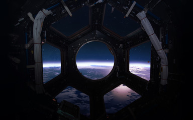 Earth - Beauty of solar system planet in spaceship window porthole. Elements of this image furnished by NASA © Vadimsadovski