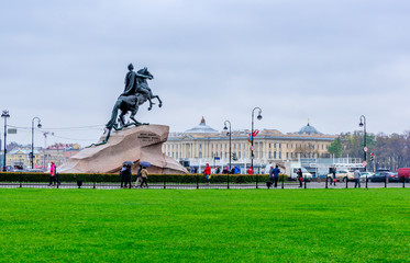 Senate Square in St. Petersburg and the monument to Peter the Great made by E. Falcone in 1770