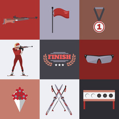 Naklejka premium Biathlon icons set. Flat style design. Target, ski, gun, woman shooting silhouette.