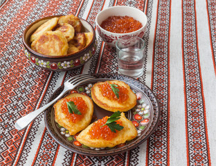 Red caviar and thick potato pancakes at Shrovetide (mass produce