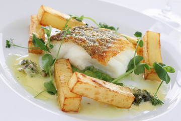 gourmet fish and chips meal