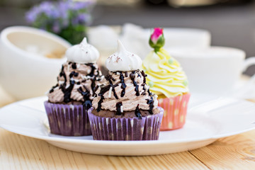 Chocolate Cupcake with chocolate frosting on the table