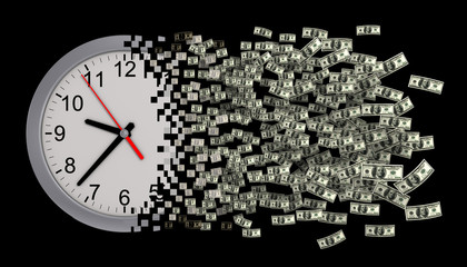 Time Is Money. Clock Falling Apart To Dollars. Concept.