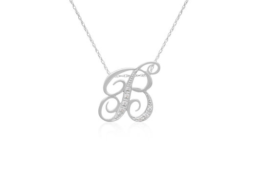 Decorative Initial "B" Necklace with Flawless Diamonds in Silver