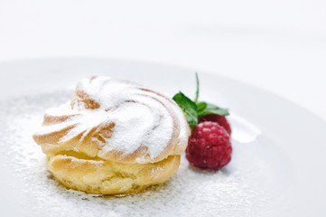 cream cake with fruit and powder sugar on white plate, patisserie, sweet dessert, on-line shop photography