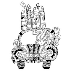 Hand drawn doodle outline holiday car travel decorated with ornaments.Vector zentangle illustration.Floral ornament.Sketch for tattoo or coloring pages.Boho style. - 103047735