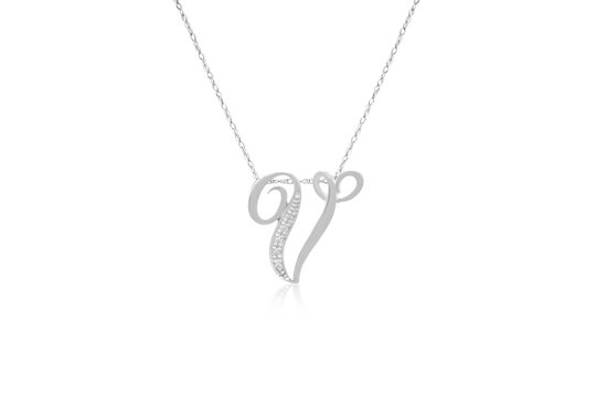 Decorative Initial "V" Necklace with Flawless Diamonds in Silver 