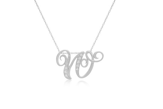 Decorative Initial "W" Necklace with Flawless Diamonds in Silver 