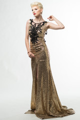 Woman Beauty Long Fashion Dress, Elegant Girl In Gold Gown