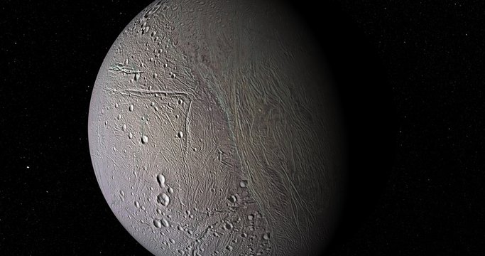 Retimed "matrix" style flyby of Enceladus, one of Saturn's moons. 10 second close-pass segment. Reversible. Data: JPL/USGS Astrogeology.