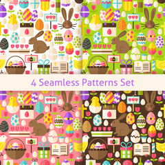 Four Vector Flat Happy Easter Holiday Seamless Patterns Set