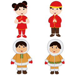 set of isolated children of Chinese and Eskimo nationalities - vector illustration, eps