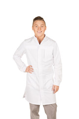 young male doctor in white coat. People and medicine concept. Image isolated on a white studio background.