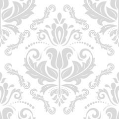 Damask seamless silver ornament. Traditional pattern. Classic oriental background