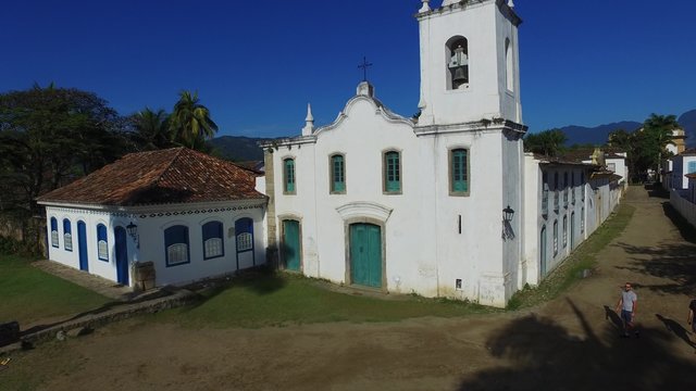 Aerial view church of the beautiful portuguese colonial typical town of parati in rio de janeiro state brazil