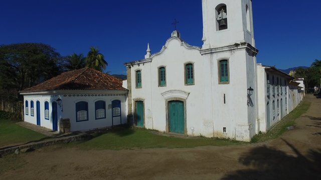 Aerial view church of the beautiful portuguese colonial typical town of parati in rio de janeiro state brazil