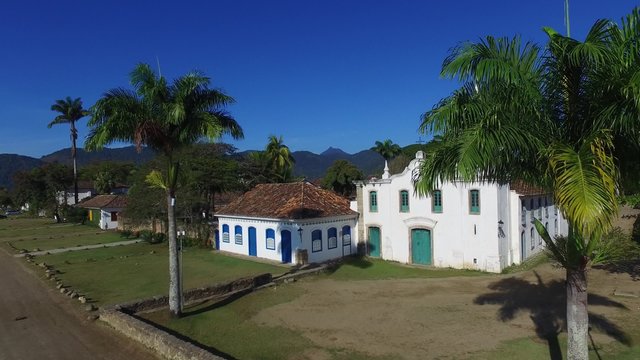 Aerial view church of the beautiful portuguese colonial typical town of parati in rio de janeiro state brazil