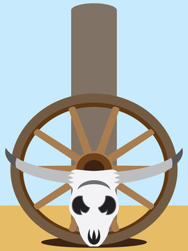 Flat vector steer skull and wagon wheel resting against fence post in desolate landscape
