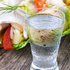 Cool vodka shot glass and herring