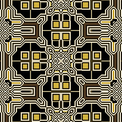 Abstract seamless retro black, white and gold pattern of squares, rectangles and geometric motifs