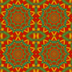 Abstract seamless blurred kaleidoscopic pattern of green, yellow and red stylized flowers