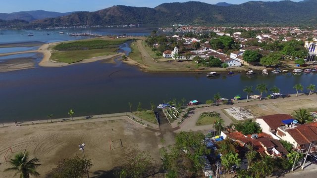 Aerial view church of the beautiful portuguese colonial typical town of parati in rio de janeiro state brazil
