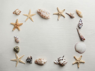 Frame shaped seashells on light background
