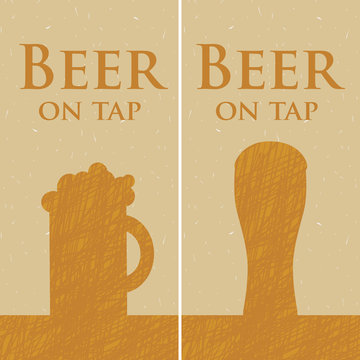 two banners with pictures of glasses of beer on tap
