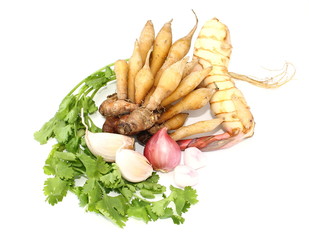 Ingredient of thai spicy soup on white background