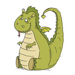 Fototapeta premium Cute cartoon big kind dragon. Funny doodle fairytale monster sitting and smiling. Hand drawn character vector illustration isolated on white.
