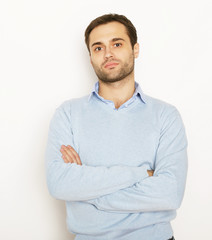 happy young man in blue shirt. 