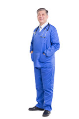 isolated old asian man doctor in blue uniform