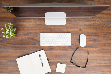 Top view of a computer workspace