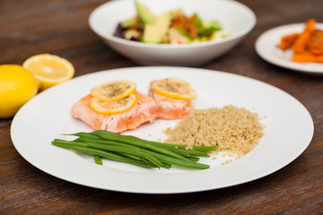 Healthy dish with salmon for dinner