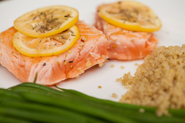 Healthy dinner with salmon seen up close