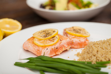 Closeup of a hearty dinner with salmon