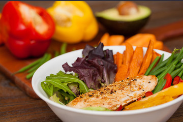 Chicken in a bowl of vegetables for dinner