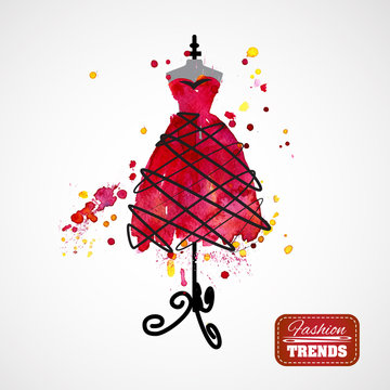 Watercolor red dress on mannequin