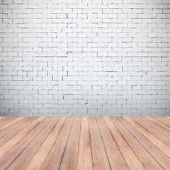 white brick wall and wooden floor texture background